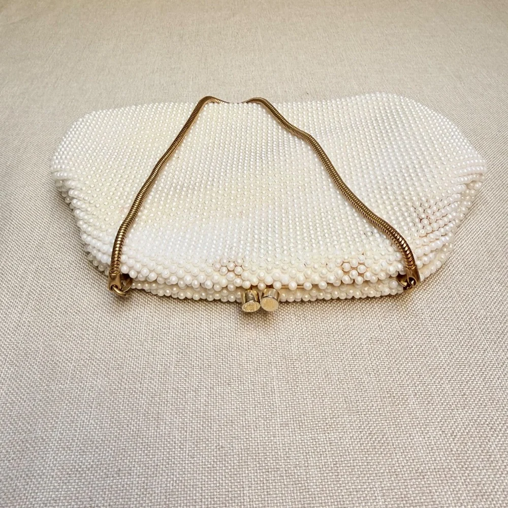 Vintage Made in Hong Kong Ivory and Gold Beaded Purse Handbag